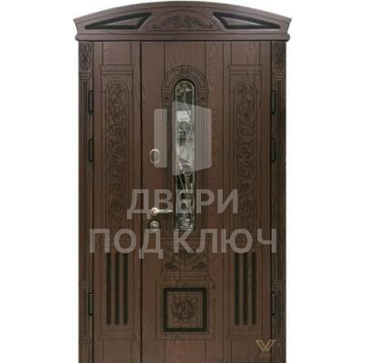 Элитная арочная уличная полуторная дверь со стеклопакетом и ковкой ДПК-11860